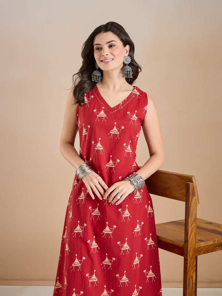 Divena Women Animal Print Pure Cotton Red A-Line Kurti with Pants