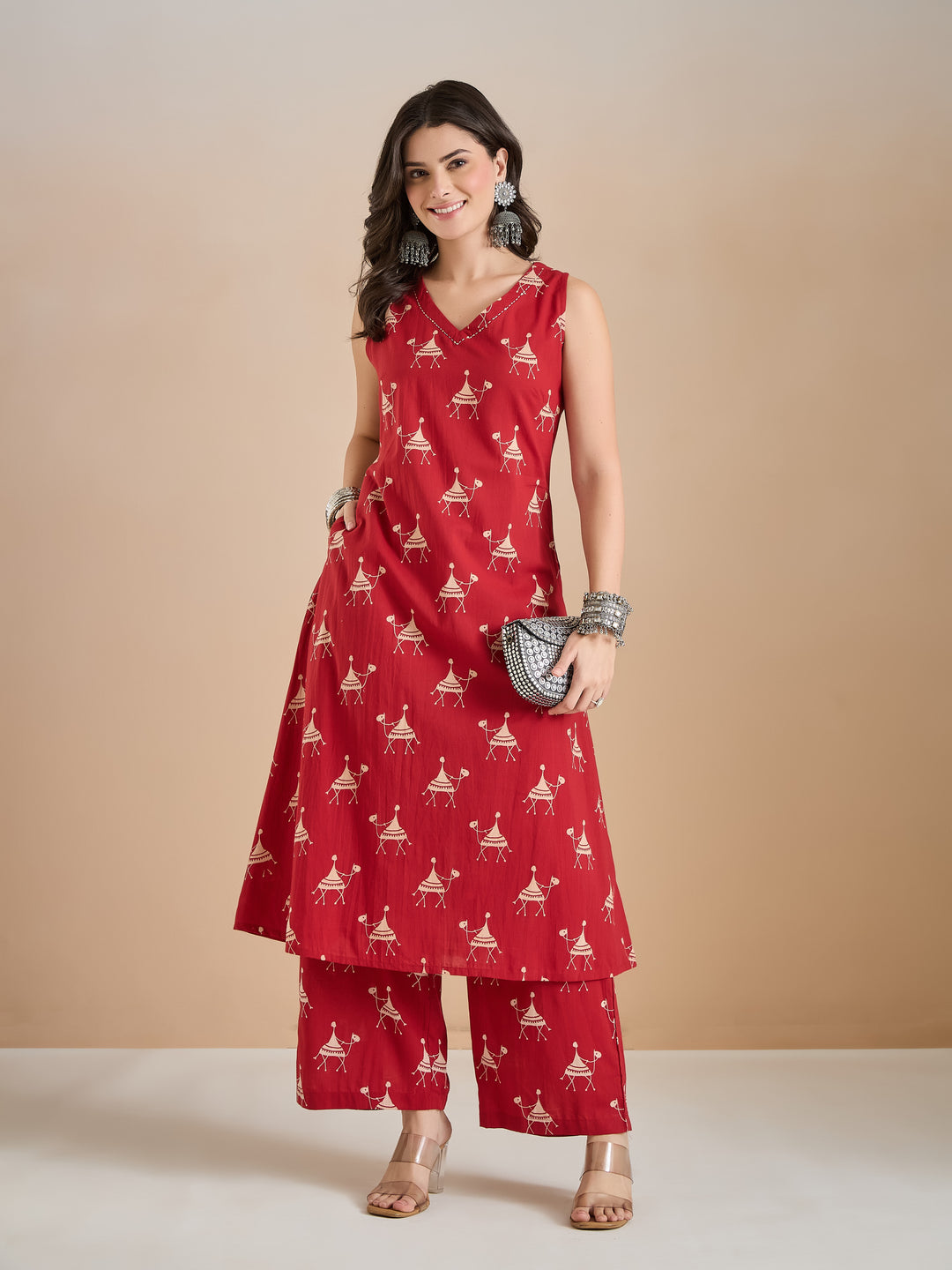 Divena Women Animal Print Pure Cotton Red A-Line Kurti with Pants