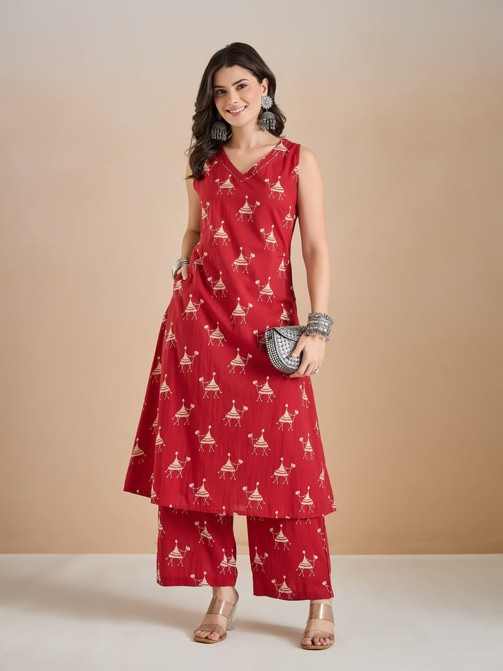 Divena Women Animal Print Pure Cotton Red A-Line Kurti with Pants