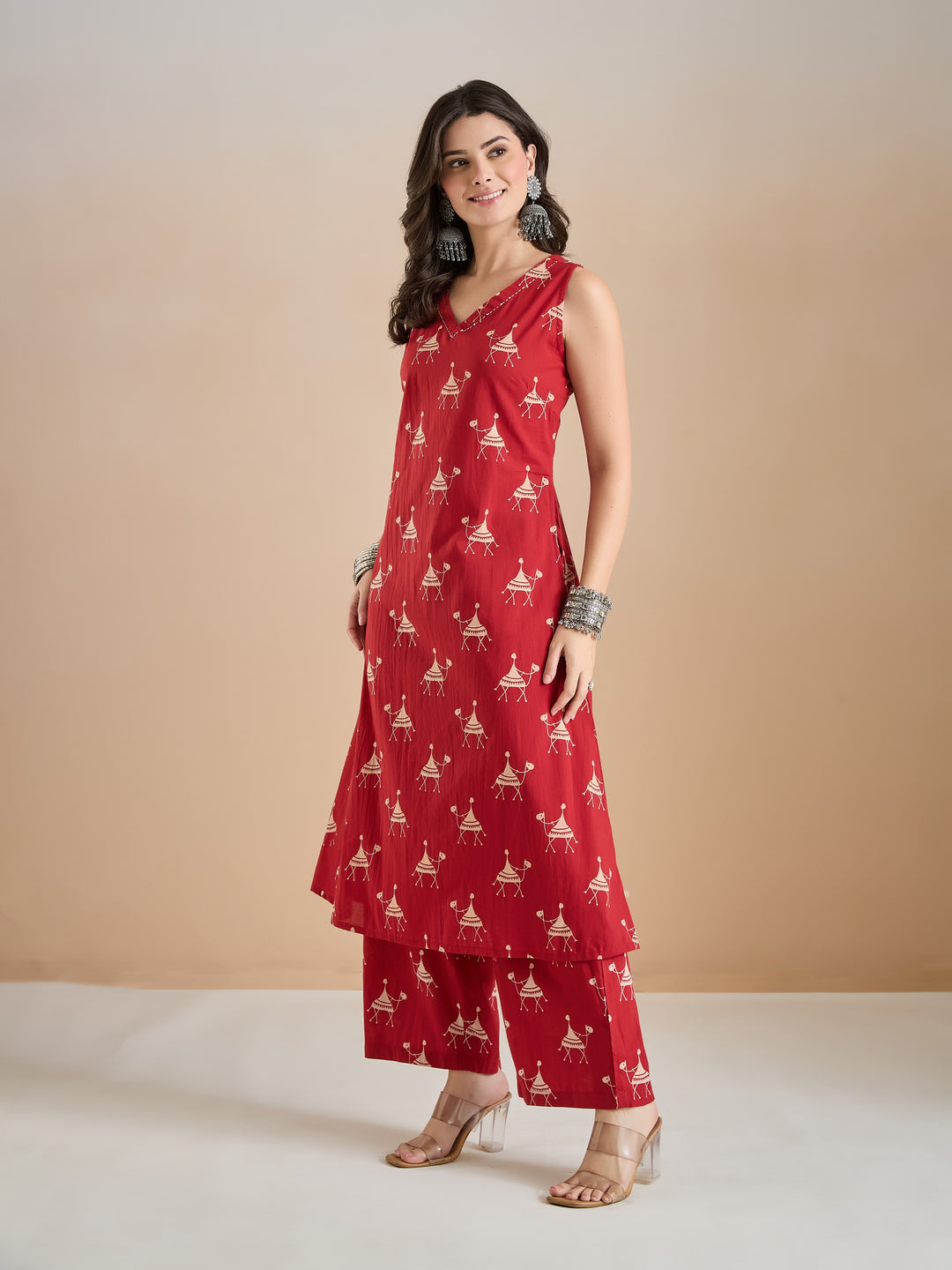 Divena Women Animal Print Pure Cotton Red A-Line Kurti with Pants
