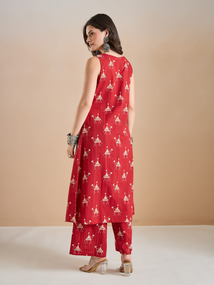 Divena Women Animal Print Pure Cotton Red A-Line Kurti with Pants