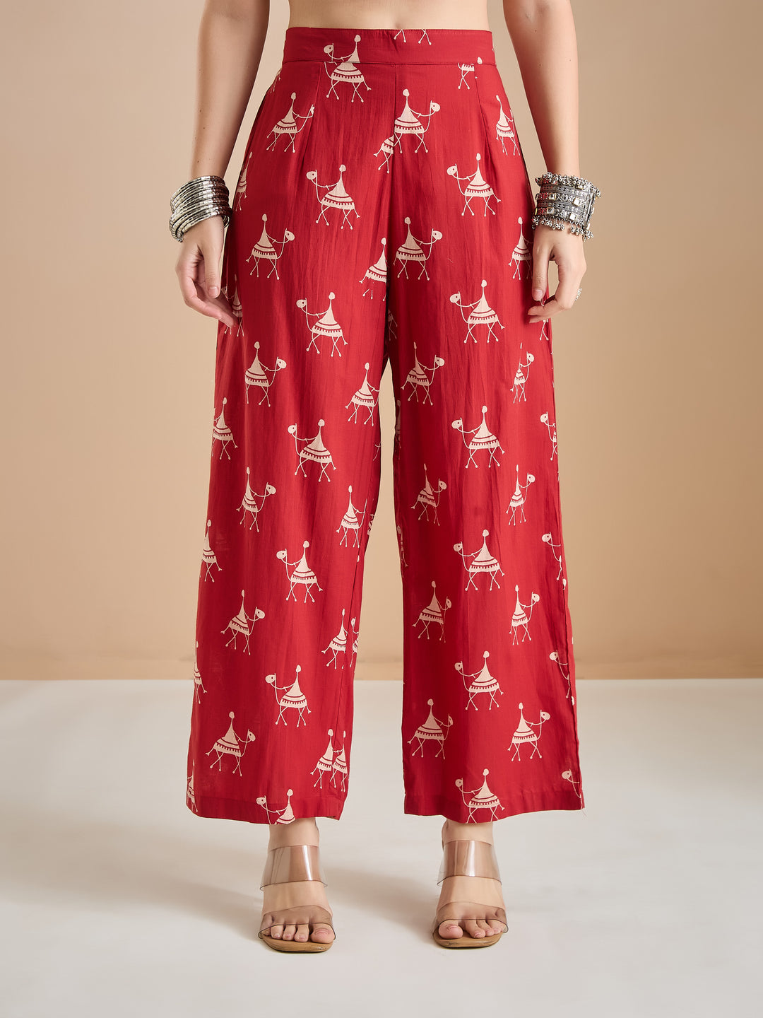 Divena Women Animal Print Pure Cotton Red A-Line Kurti with Pants