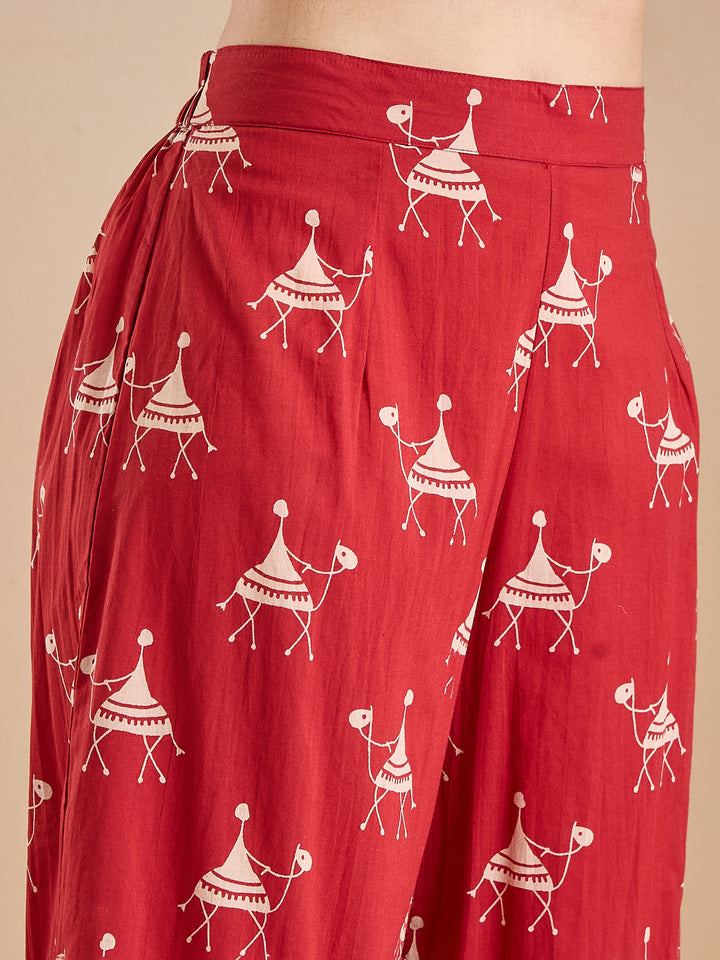Divena Women Animal Print Pure Cotton Red A-Line Kurti with Pants