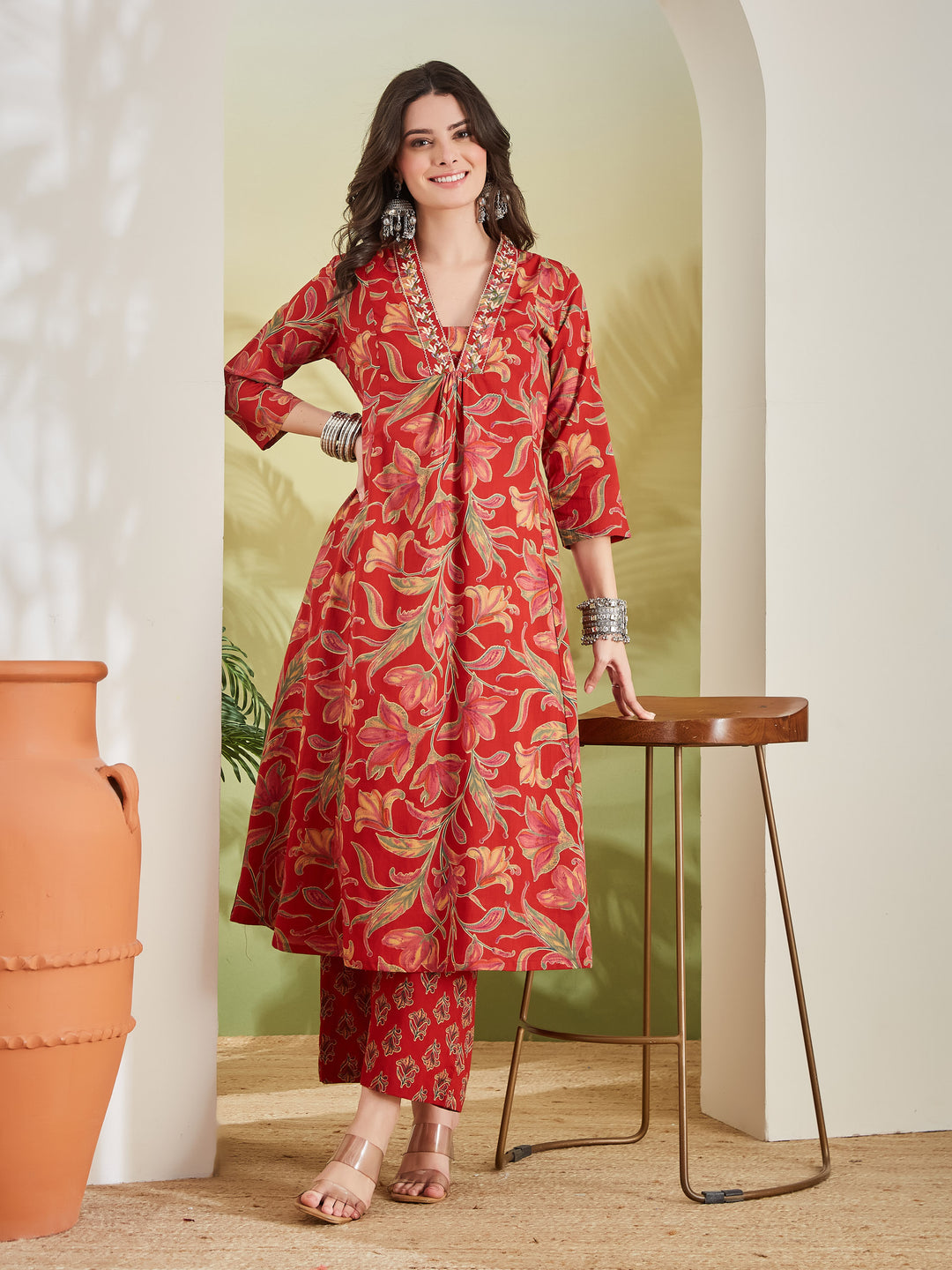 Divena Women Floral Printed Pure Cotton A-line Red Anarkali Kurta With Pants