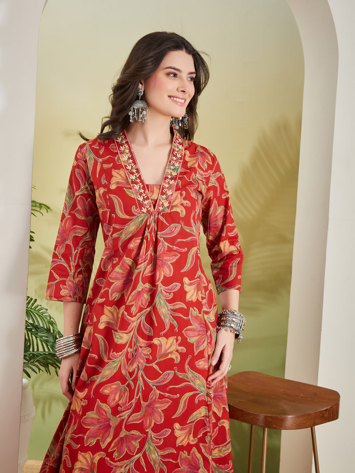 Divena Women Floral Printed Pure Cotton A-line Red Anarkali Kurta With Pants