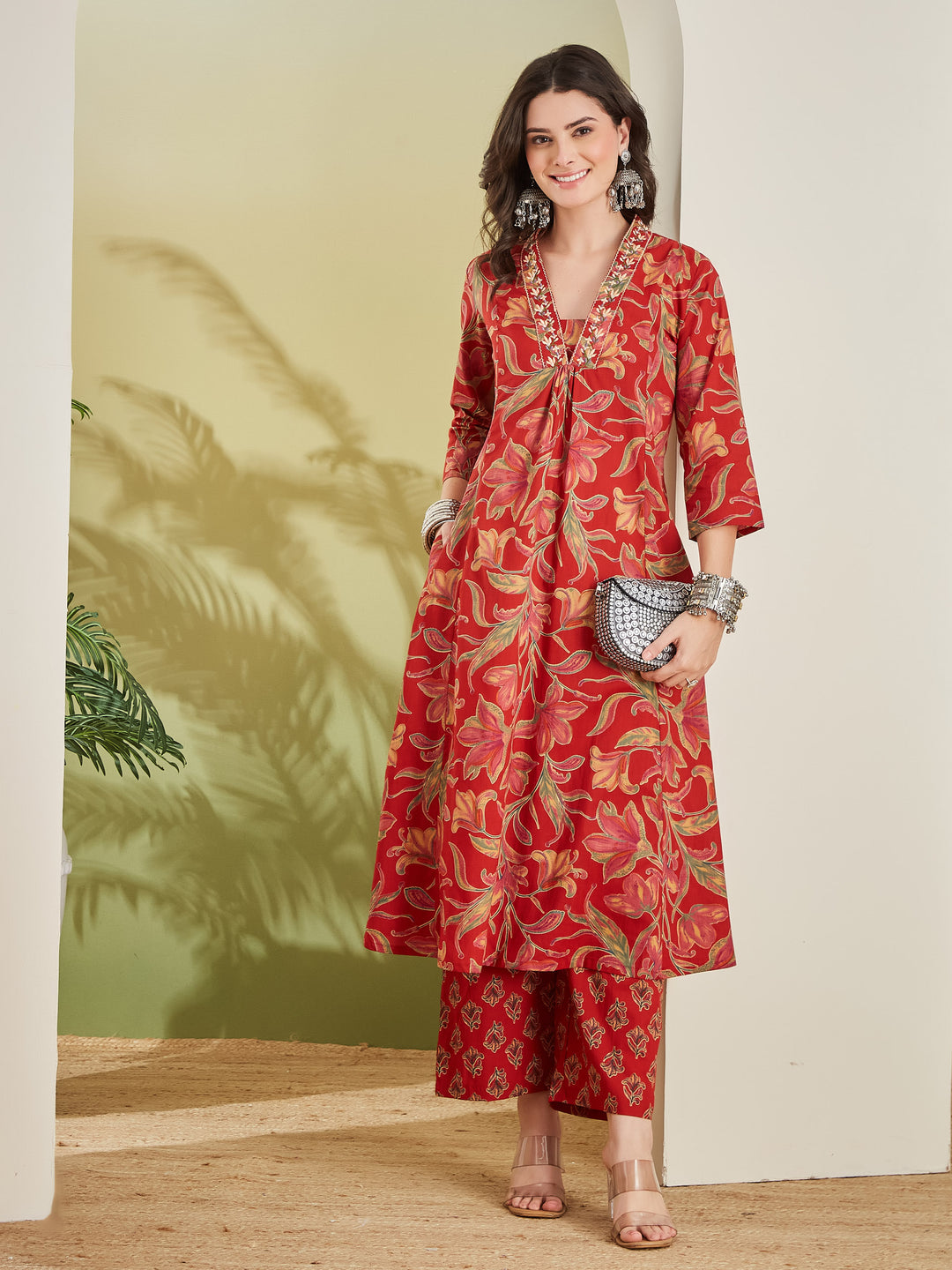 Divena Women Floral Printed Pure Cotton A-line Red Anarkali Kurta With Pants