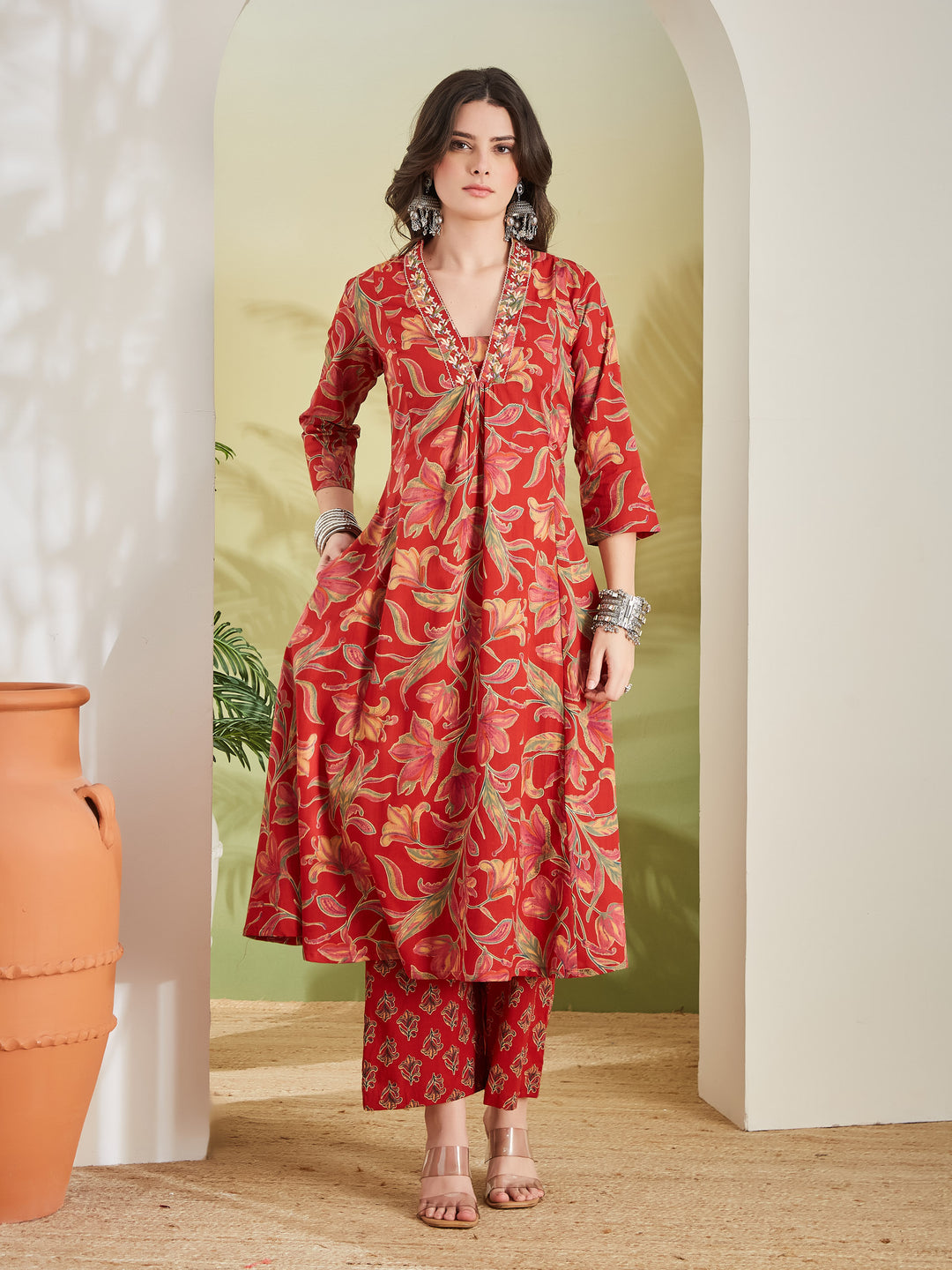 Divena Women Floral Printed Pure Cotton A-line Red Anarkali Kurta With Pants