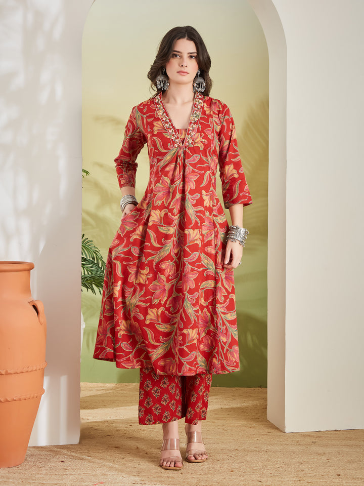 Divena Women Floral Printed Pure Cotton A-line Red Anarkali Kurta With Pants
