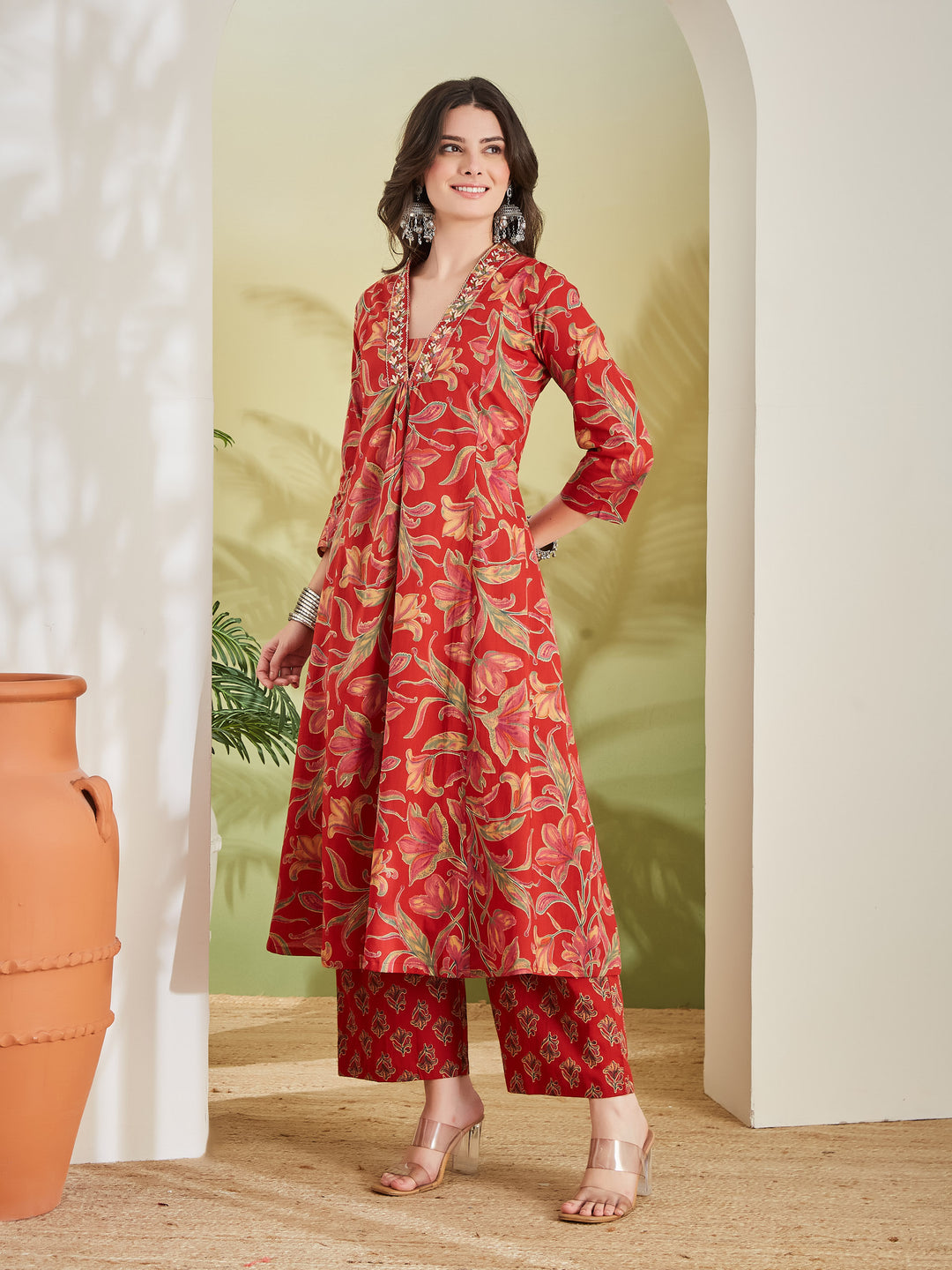 Divena Women Floral Printed Pure Cotton A-line Red Anarkali Kurta With Pants