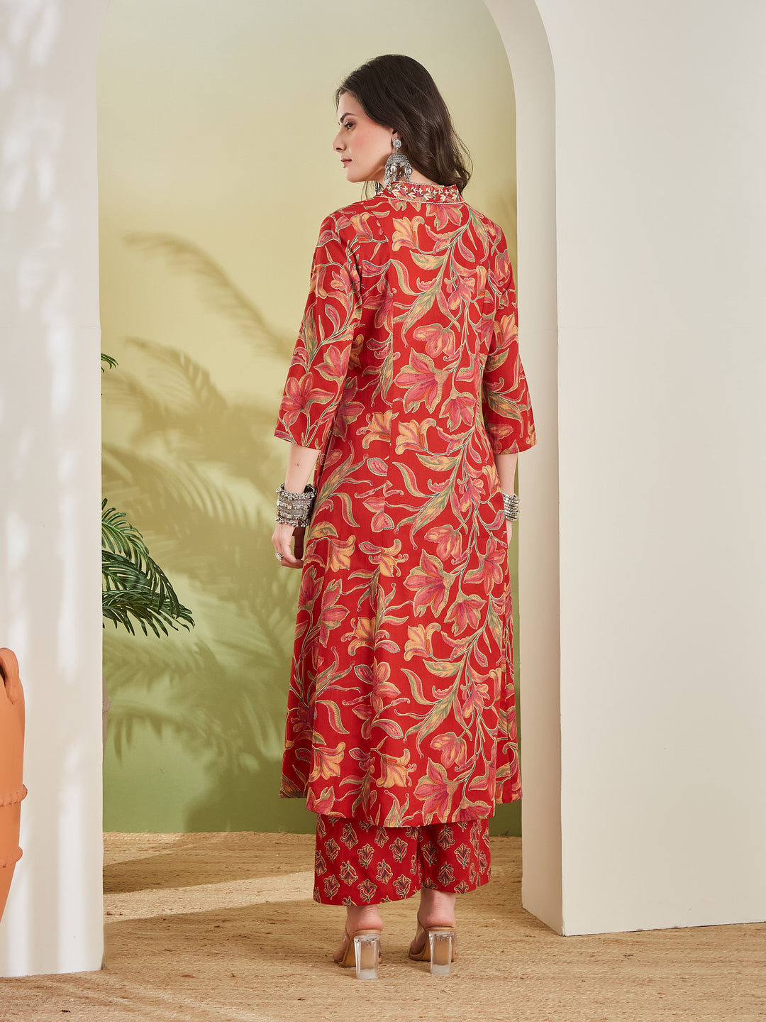 Divena Women Floral Printed Pure Cotton A-line Red Anarkali Kurta With Pants
