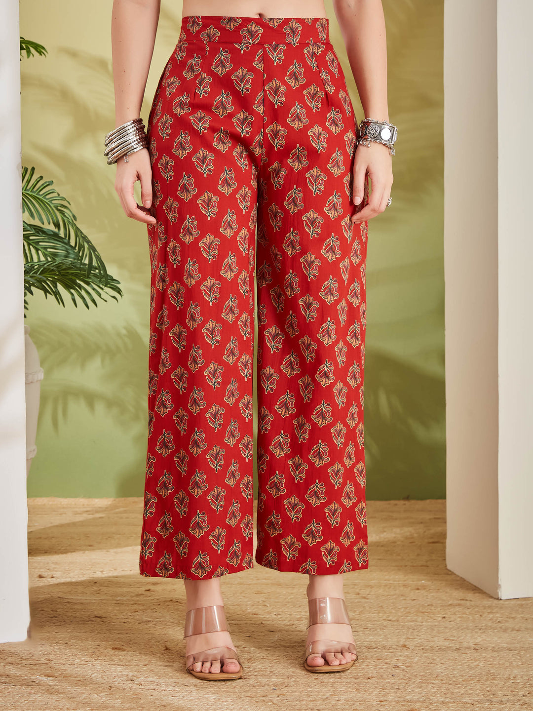 Divena Women Floral Printed Pure Cotton A-line Red Anarkali Kurta With Pants