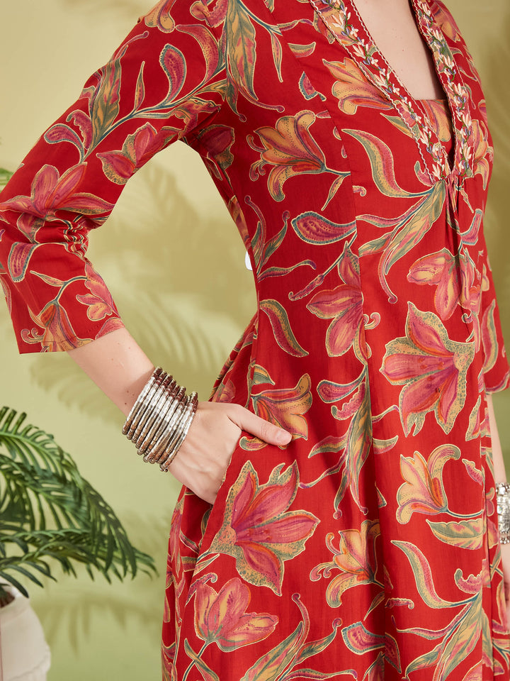 Divena Women Floral Printed Pure Cotton A-line Red Anarkali Kurta With Pants