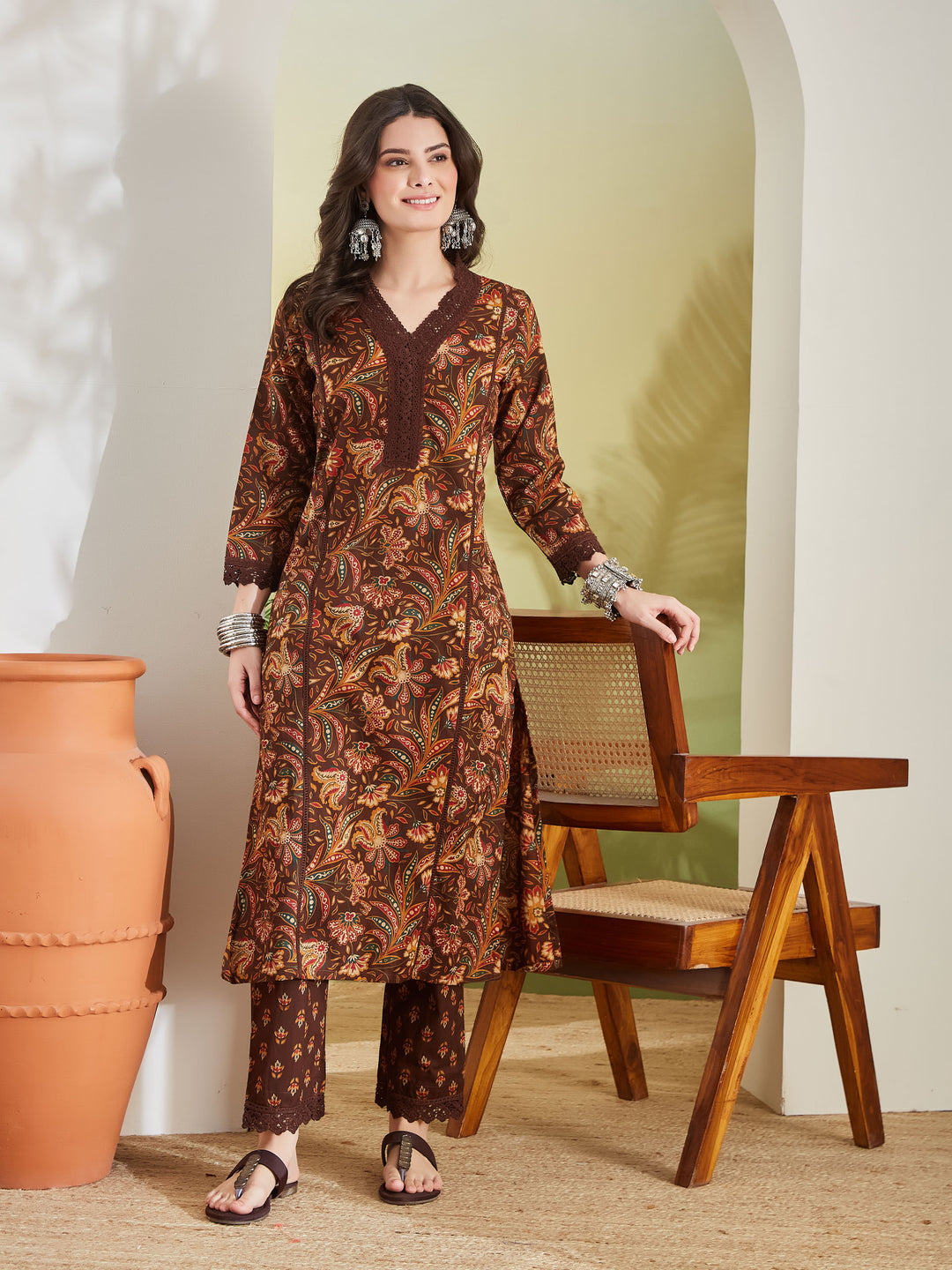 Divena Women Floral Printed Pure Cotton Brown Kurta With Pants