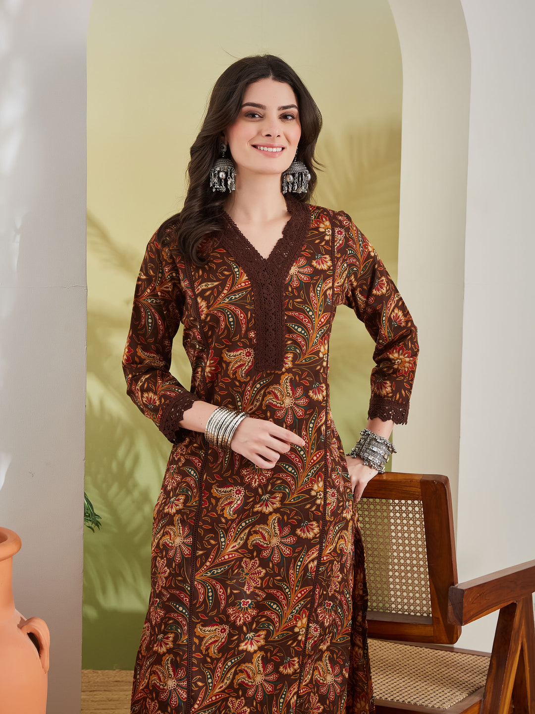 Divena Women Floral Printed Pure Cotton Straight Fit Brown Kurta with Pants