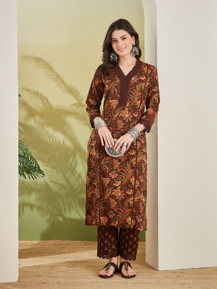 Divena Women Floral Printed Pure Cotton Straight Fit Brown Kurta with Pants
