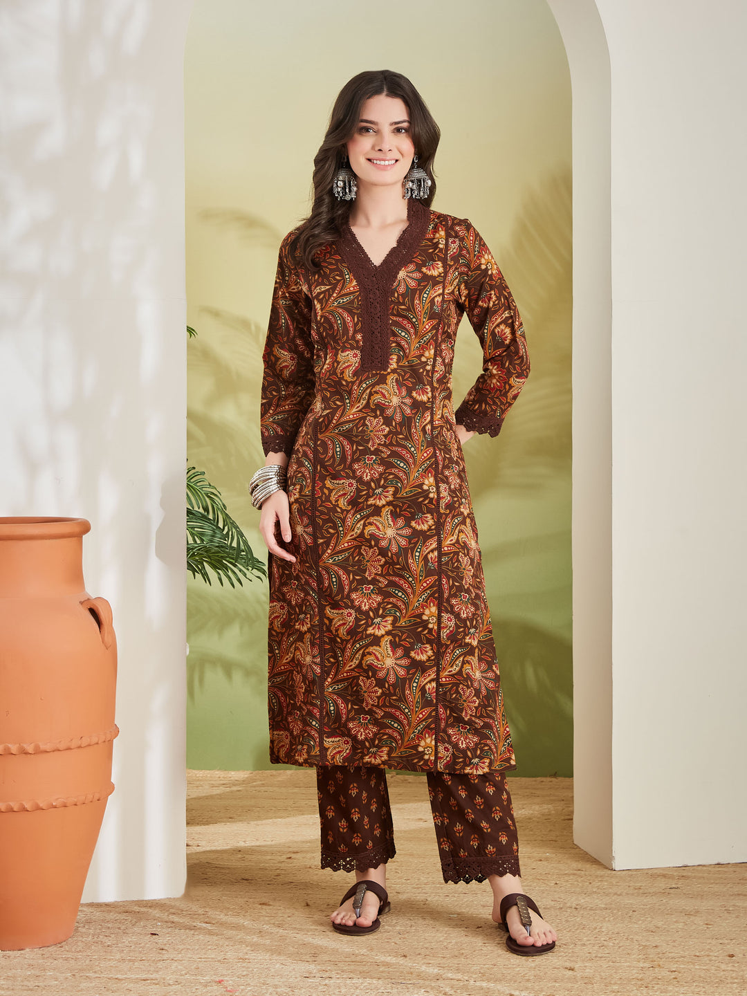 Divena Women Floral Printed Pure Cotton Straight Fit Brown Kurta with Pants