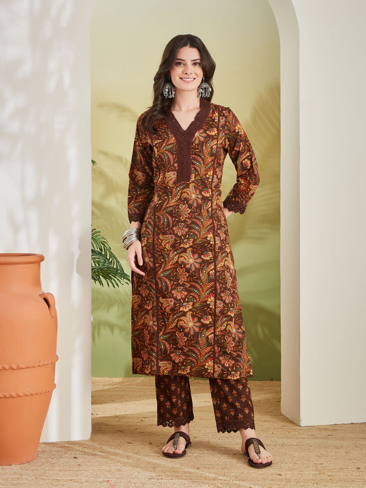 Divena Women Floral Printed Pure Cotton Straight Fit Brown Kurta with Pants