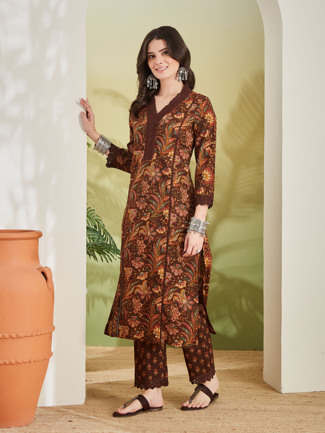 Divena Women Floral Printed Pure Cotton Straight Fit Brown Kurta with Pants