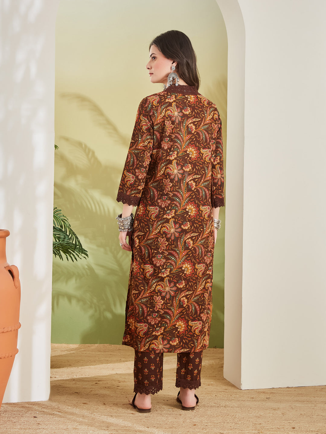 Divena Women Floral Printed Pure Cotton Brown Kurta With Pants