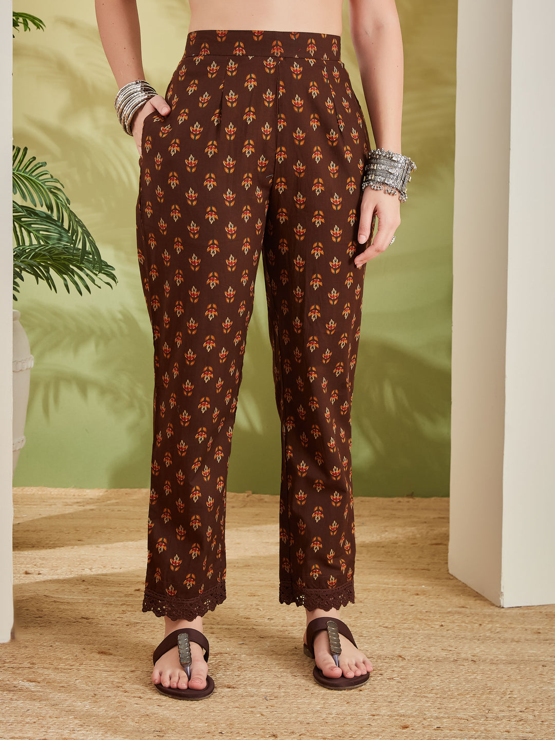 Divena Women Floral Printed Pure Cotton Brown Kurta With Pants