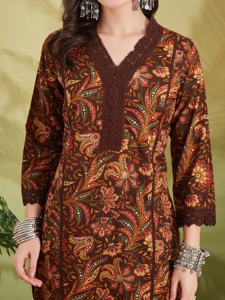 Divena Women Floral Printed Pure Cotton Straight Fit Brown Kurta with Pants