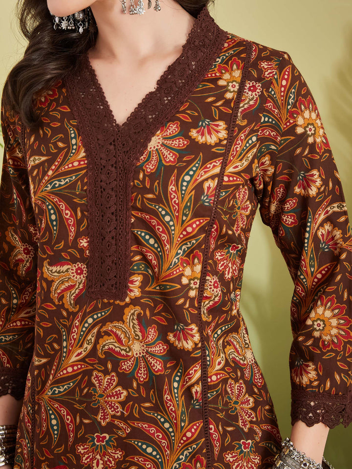 Divena Women Floral Printed Pure Cotton Straight Fit Brown Kurta with Pants