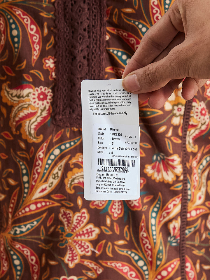 Divena Women Floral Printed Pure Cotton Straight Fit Brown Kurta with Pants