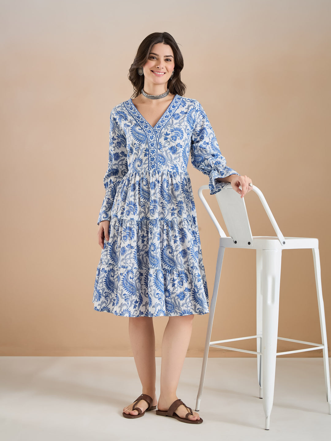 Divena Floral Print Cotton Peplum Fit White Dress