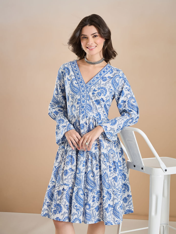 Divena Floral Print Cotton Peplum Fit White Dress