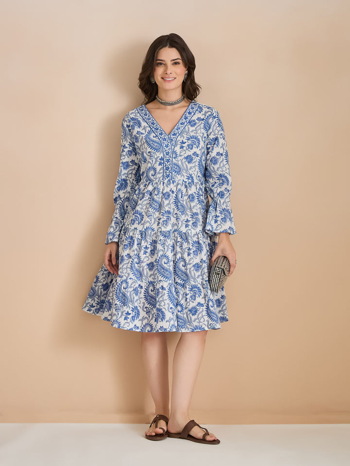 Divena Floral Print Cotton Peplum Fit White Dress