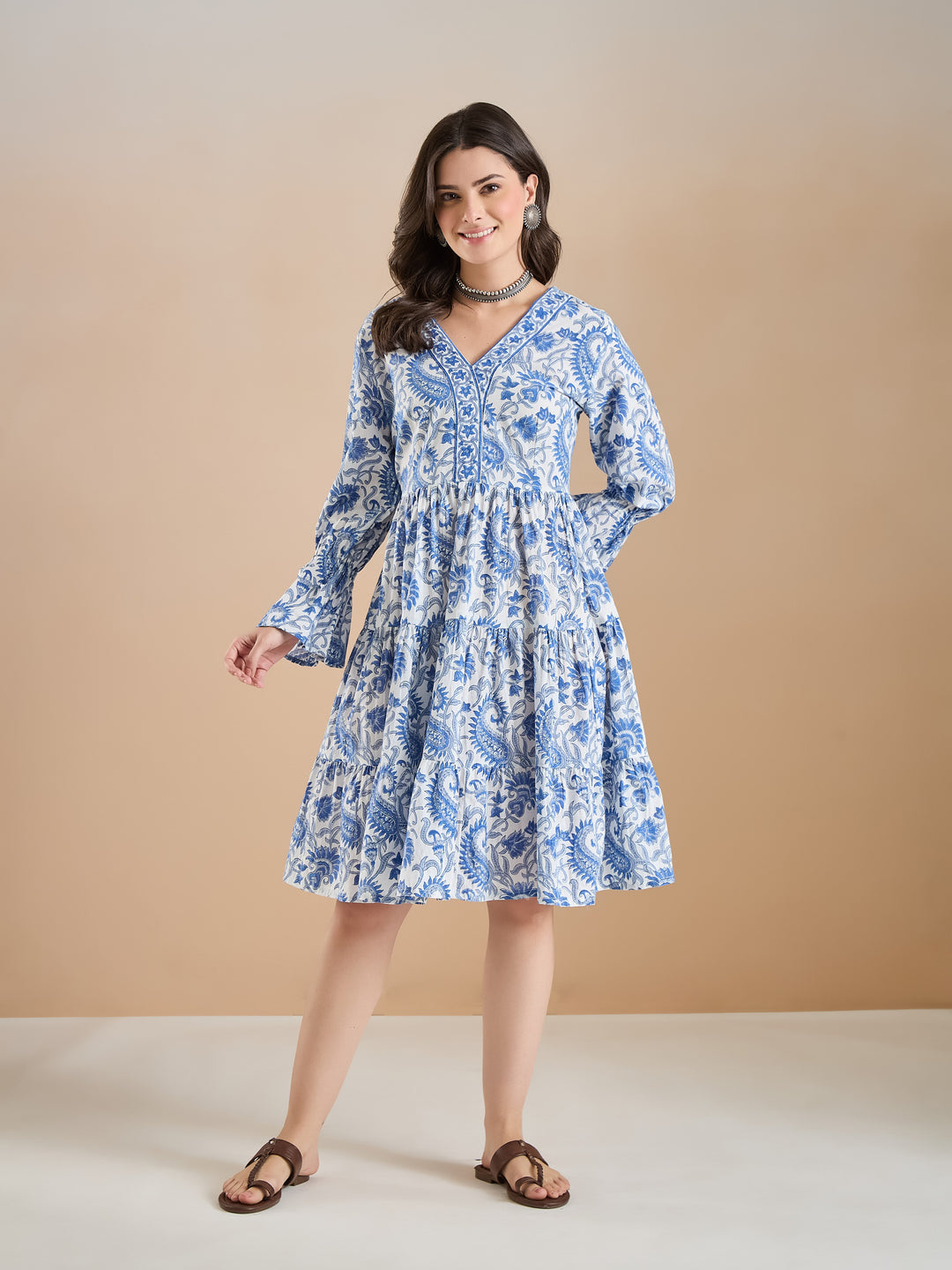 Divena Floral Print Cotton Peplum Fit White Dress