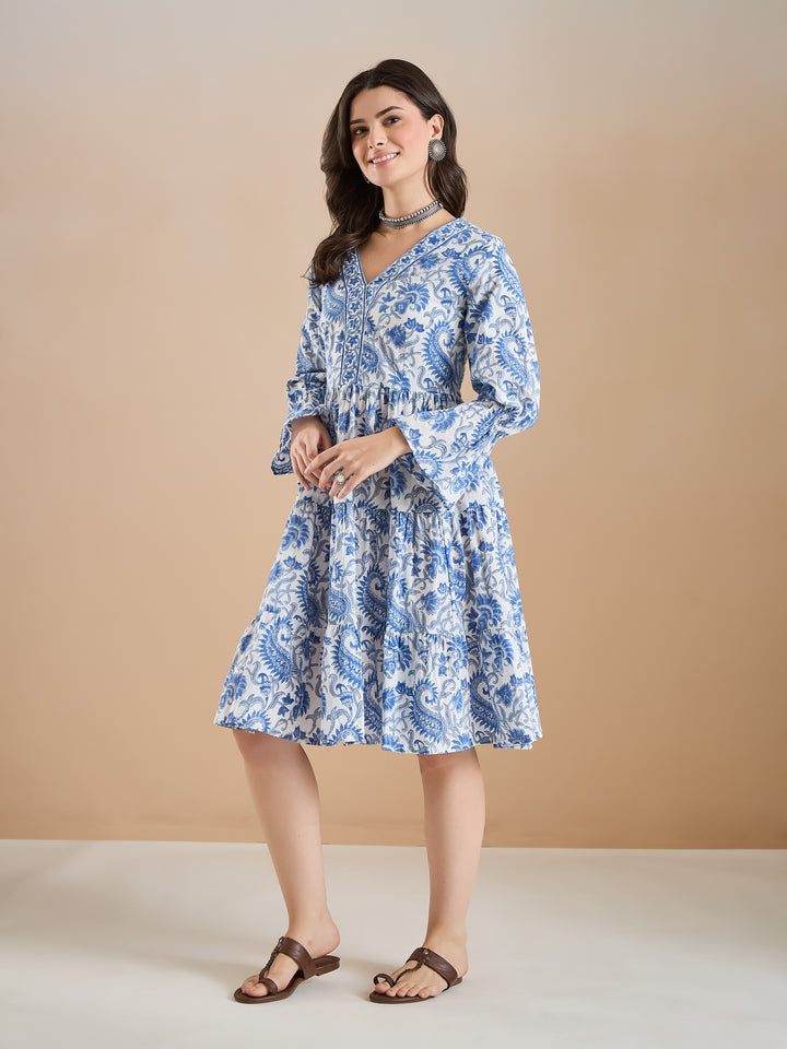 Divena Floral Print Cotton Peplum Fit White Dress