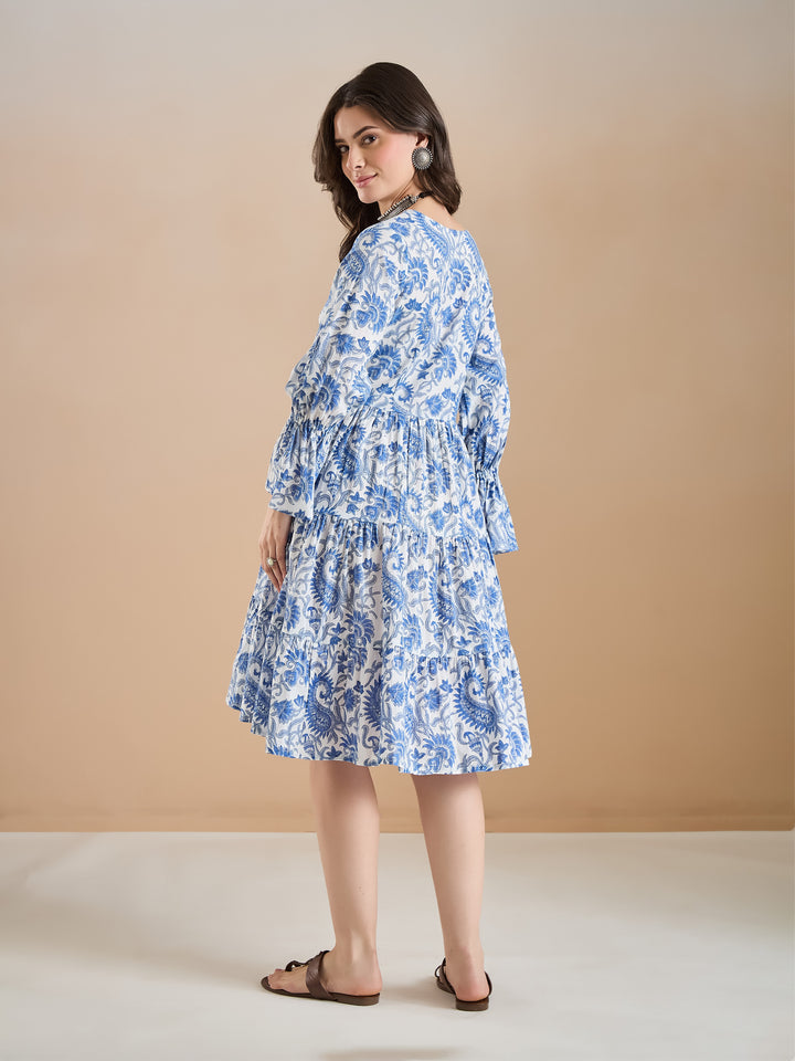 Divena Floral Print Cotton Peplum Fit White Dress