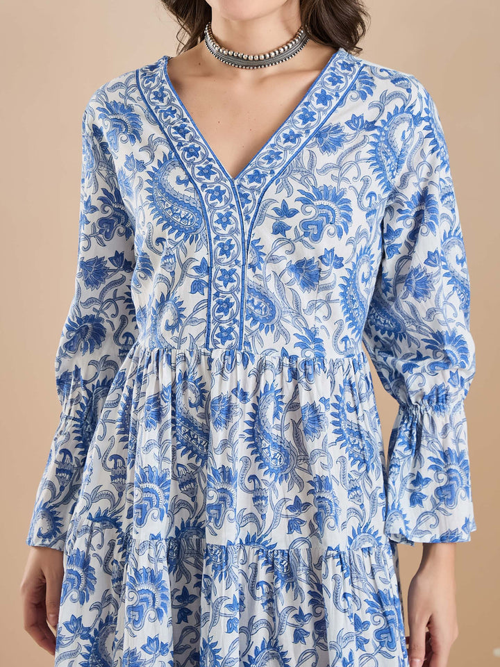 Divena Floral Print Cotton Peplum Fit White Dress