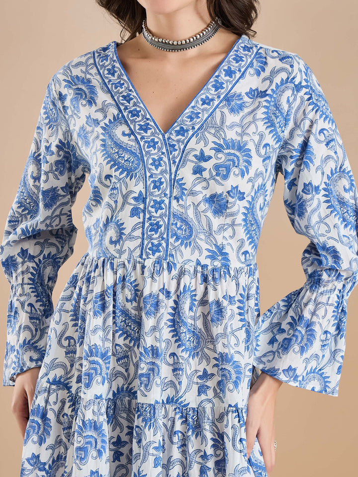 Divena Floral Print Cotton Peplum Fit White Dress