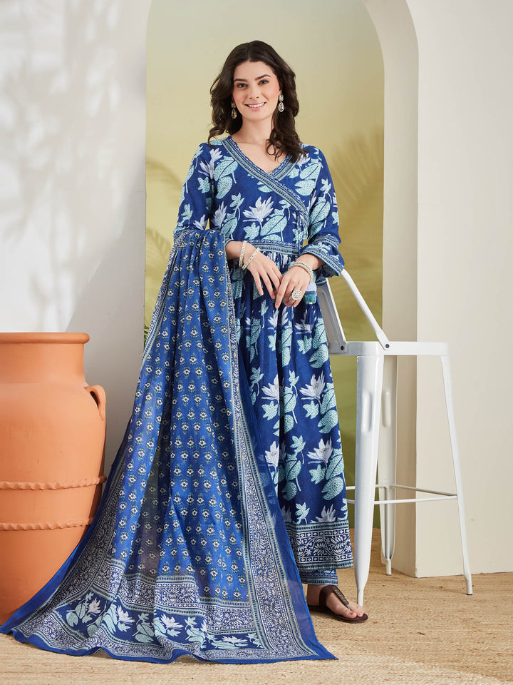 Divena Women Floral Printed Pure Cotton Blue Angrakha Style Anarkali Kurta with Trousers & Dupatta