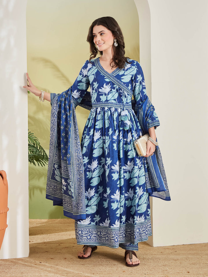 Divena Women Floral Printed Pure Cotton Blue Angrakha Style Anarkali Kurta with Trousers & Dupatta