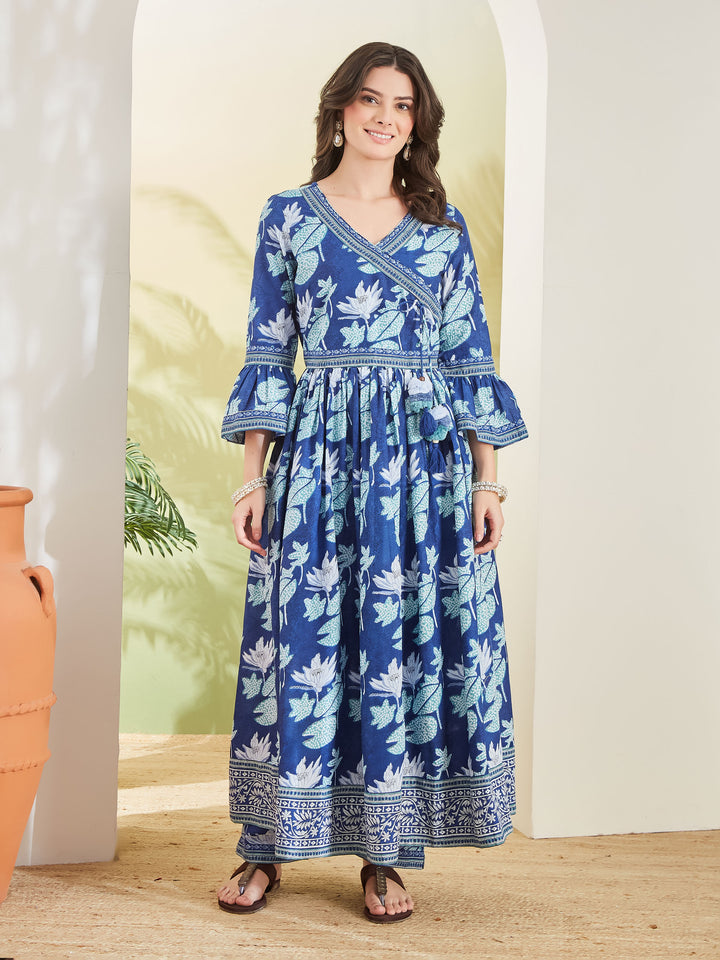 Divena Women Floral Printed Pure Cotton Blue Angrakha Style Anarkali Kurta with Trousers & Dupatta