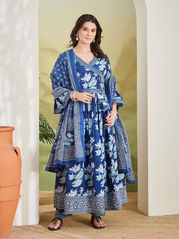 Divena Women Floral Printed Pure Cotton Blue Angrakha Style Anarkali Kurta with Trousers & Dupatta