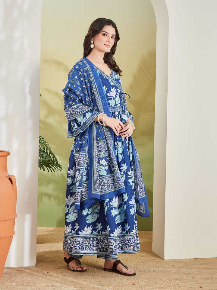 Divena Women Floral Printed Pure Cotton Blue Angrakha Style Anarkali Kurta with Trousers & Dupatta