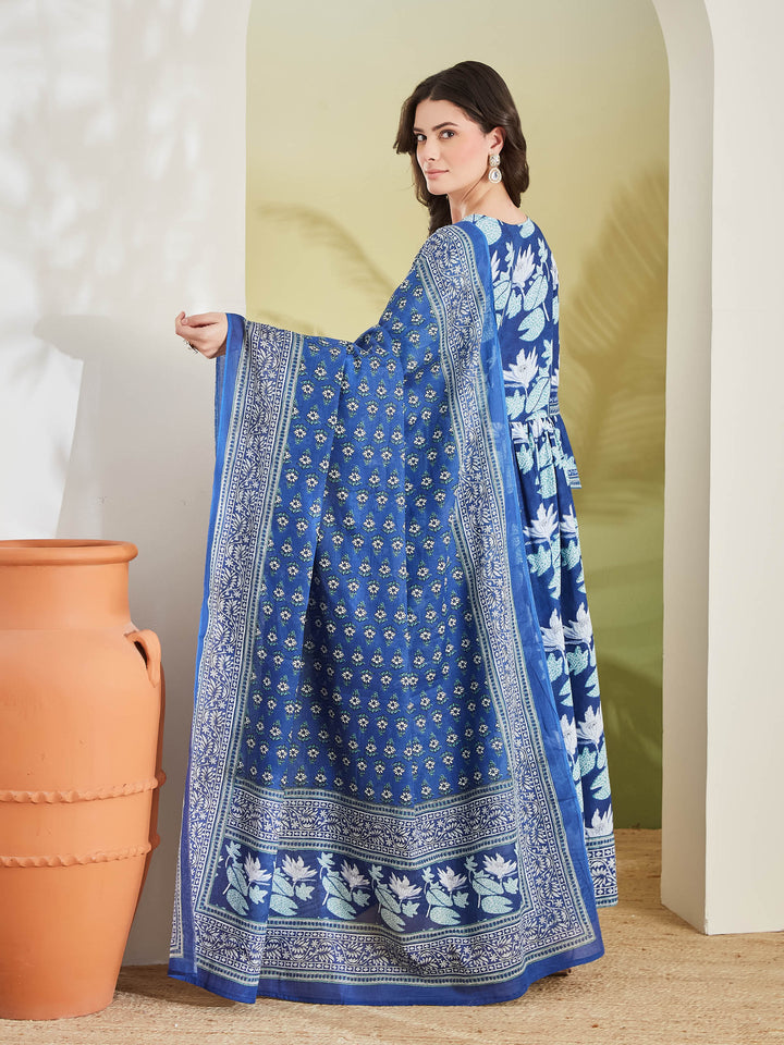 Divena Women Floral Printed Pure Cotton Blue Angrakha Style Anarkali Kurta with Trousers & Dupatta