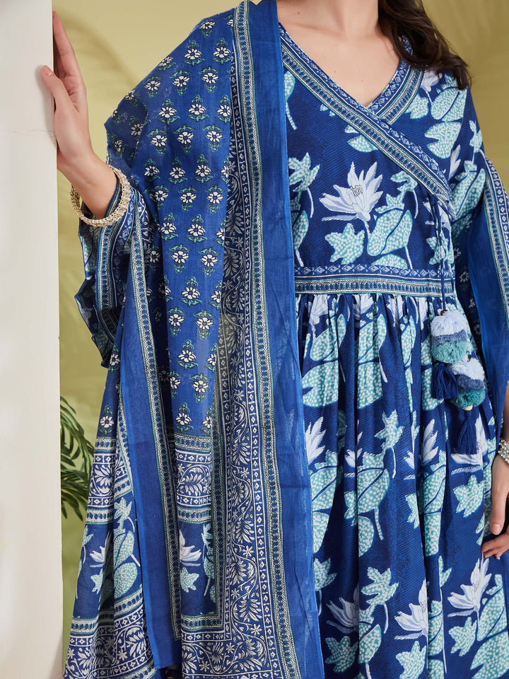 Divena Women Floral Printed Pure Cotton Blue Angrakha Style Anarkali Kurta with Trousers & Dupatta