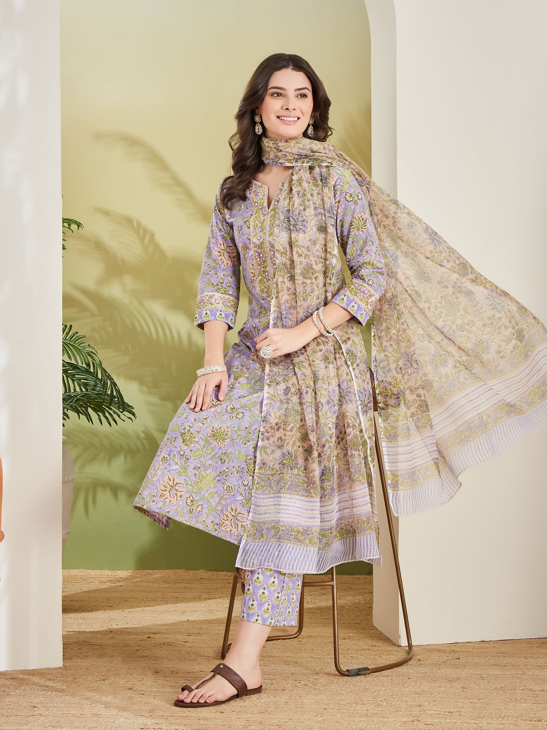 Divena Women Hand block Printed Pure Cotton Straight Fit Purple Kurta with Trousers & Dupatta