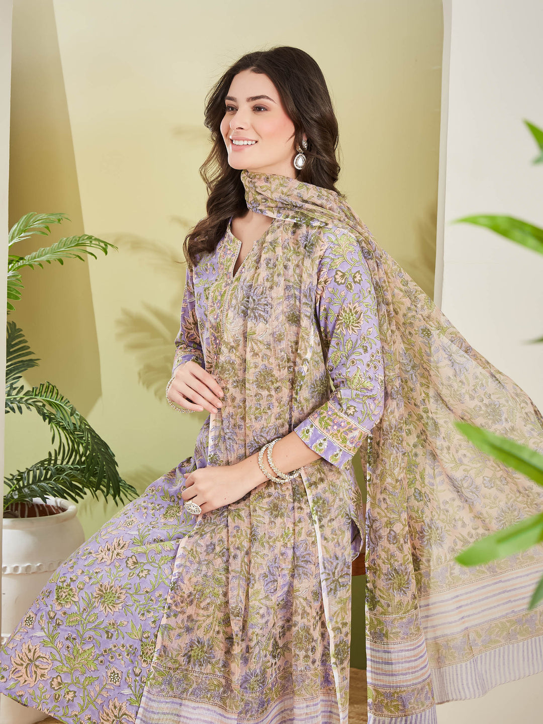 Divena Women Hand block Printed Pure Cotton Straight Fit Purple Kurta with Trousers & Dupatta