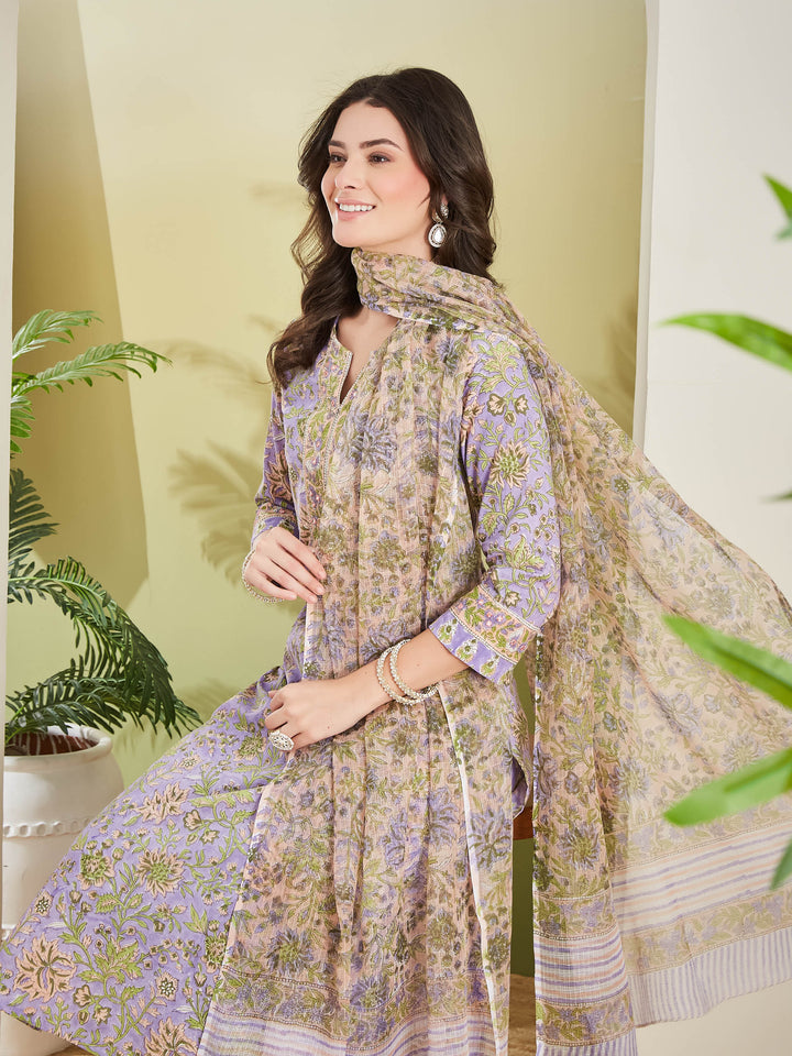 Divena Women Hand block Printed Pure Cotton Straight Fit Purple Kurta with Trousers & Dupatta