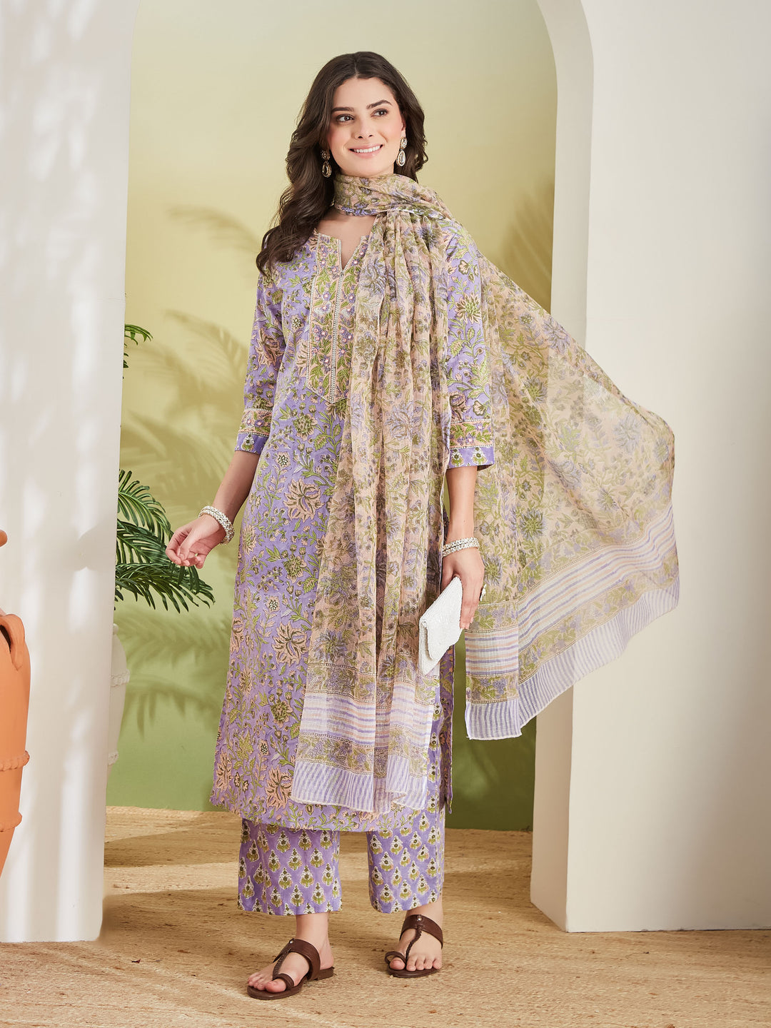 Divena Women Hand block Printed Pure Cotton Straight Fit Purple Kurta with Trousers & Dupatta