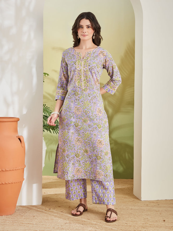 Divena Women Hand block Printed Pure Cotton Straight Fit Purple Kurta with Trousers & Dupatta