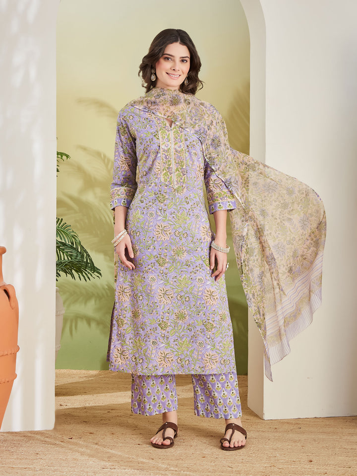 Divena Women Hand block Printed Pure Cotton Straight Fit Purple Kurta with Trousers & Dupatta