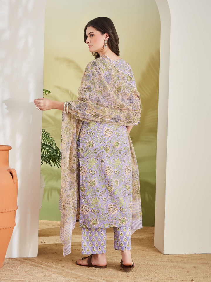 Divena Women Hand block Printed Pure Cotton Straight Fit Purple Kurta with Trousers & Dupatta