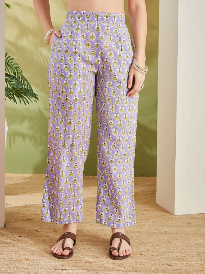 Divena Women Hand block Printed Pure Cotton Straight Fit Purple Kurta with Trousers & Dupatta